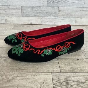 Vintage Christmas Mootsies Tootsies Black Velvet Embroidered Flats Shoes Size 8M